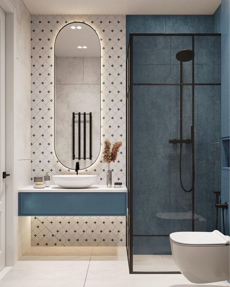 Bathroom — Blue geometric tile wood vanity — Maitri Interior Studio project photo
