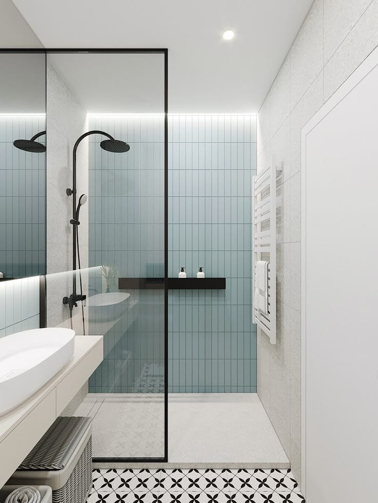 Bathroom — Blue tile black fixture shower — Maitri Interior Studio project photo