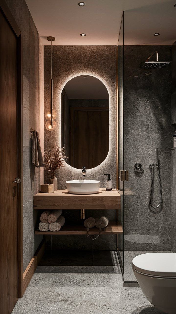 Bathroom — Dark stone moody backlit mirror — Maitri Interior Studio project photo