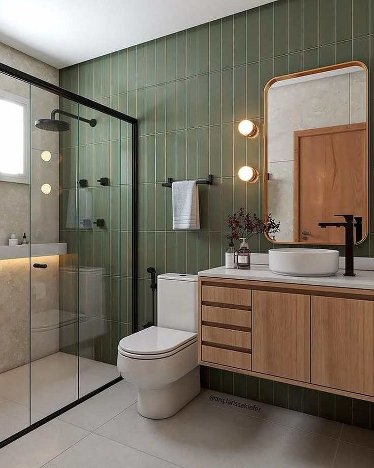 Bathroom — Green tile gold round mirror — Maitri Interior Studio project photo