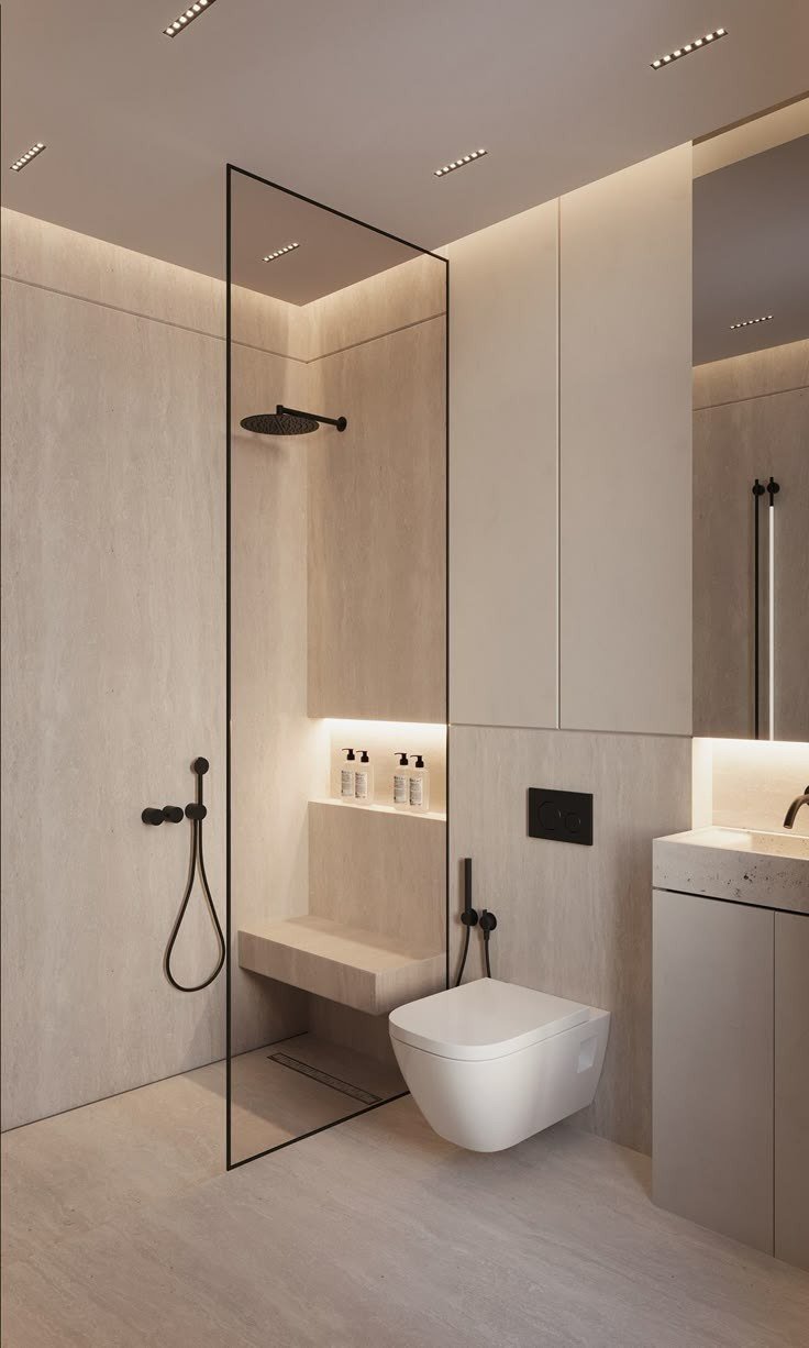 Bathroom — Travertine minimalist walk in shower — Maitri Interior Studio project photo