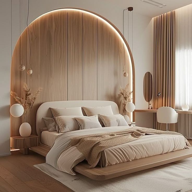 Bedroom — Arched wood headboard — Maitri Interior Studio project photo