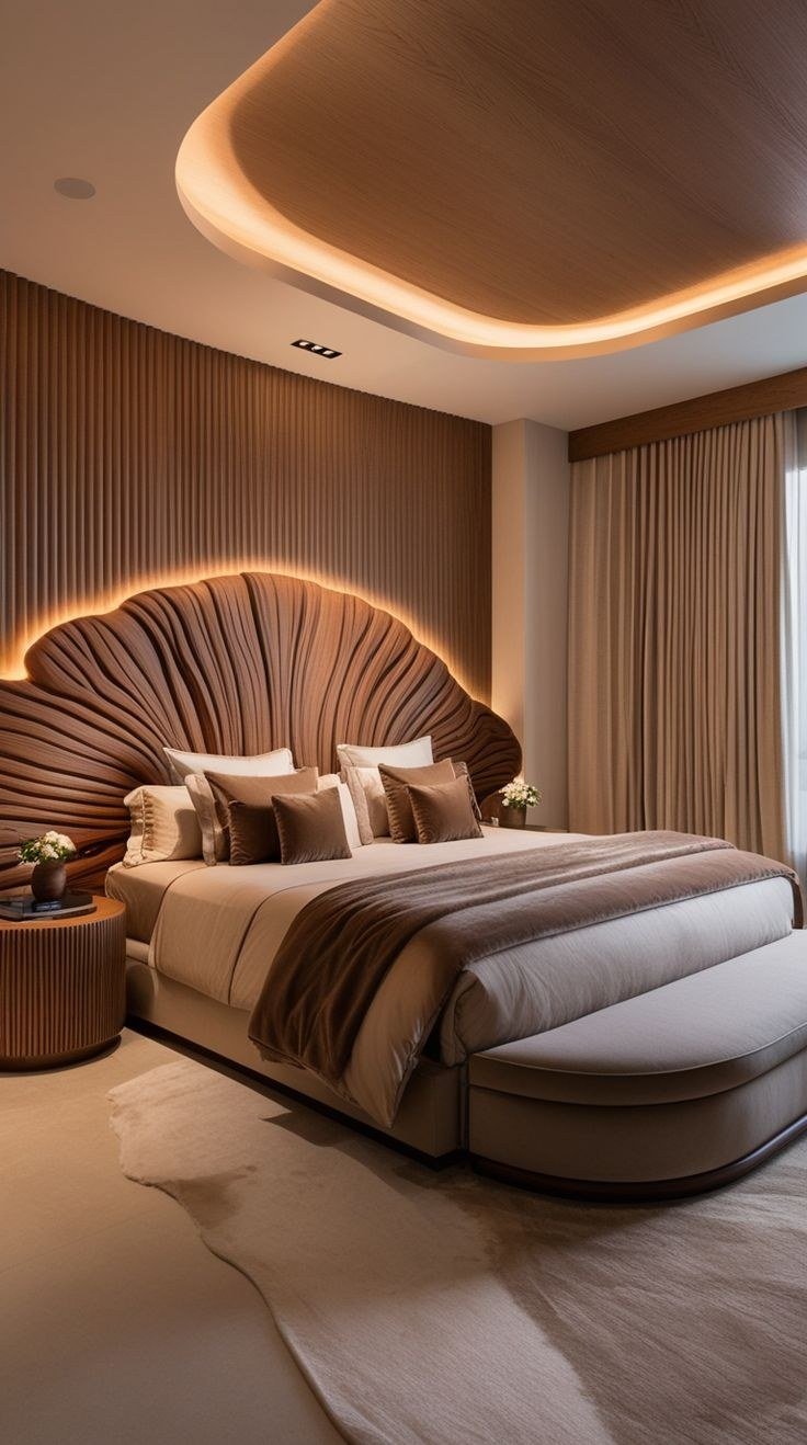 Bedroom — Sculpted wood headboard — Maitri Interior Studio project photo