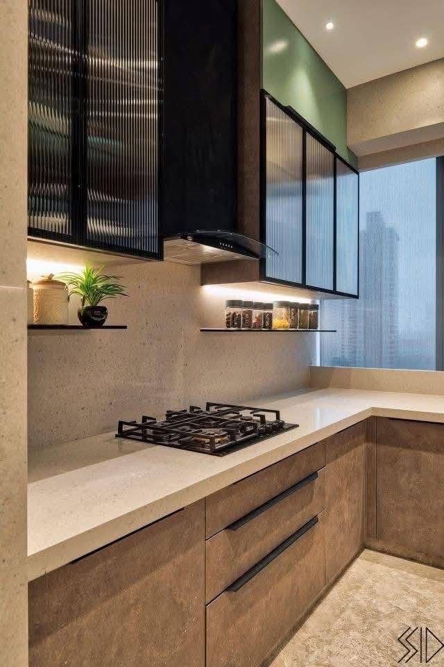 Kitchen — Black wood green accent marble counter — Maitri Interior Studio project photo
