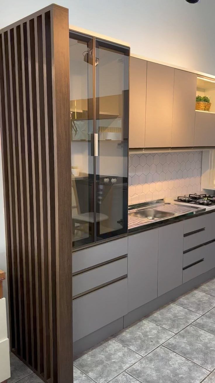 Kitchen — Grey walnut slat divider hexagon tile — Maitri Interior Studio project photo