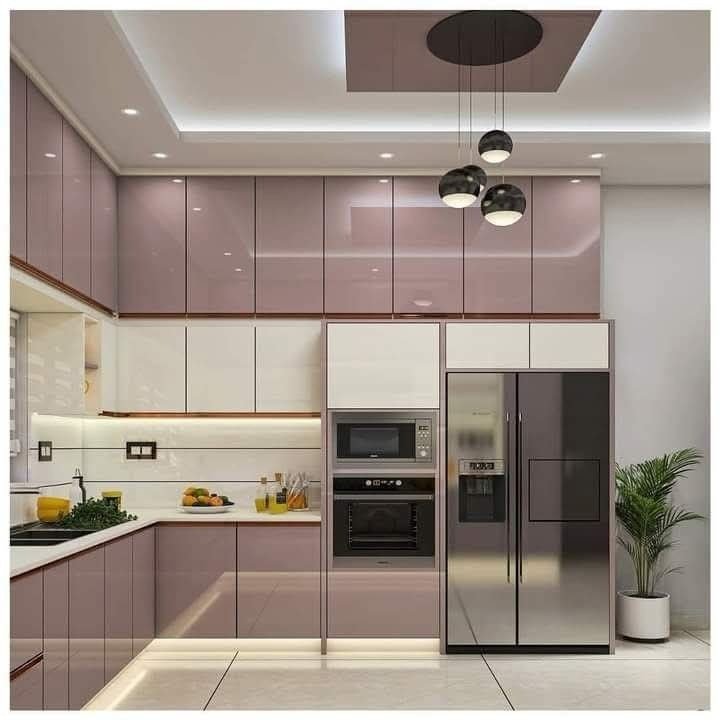Kitchen — Mauve gloss island pendant lights — Maitri Interior Studio project photo