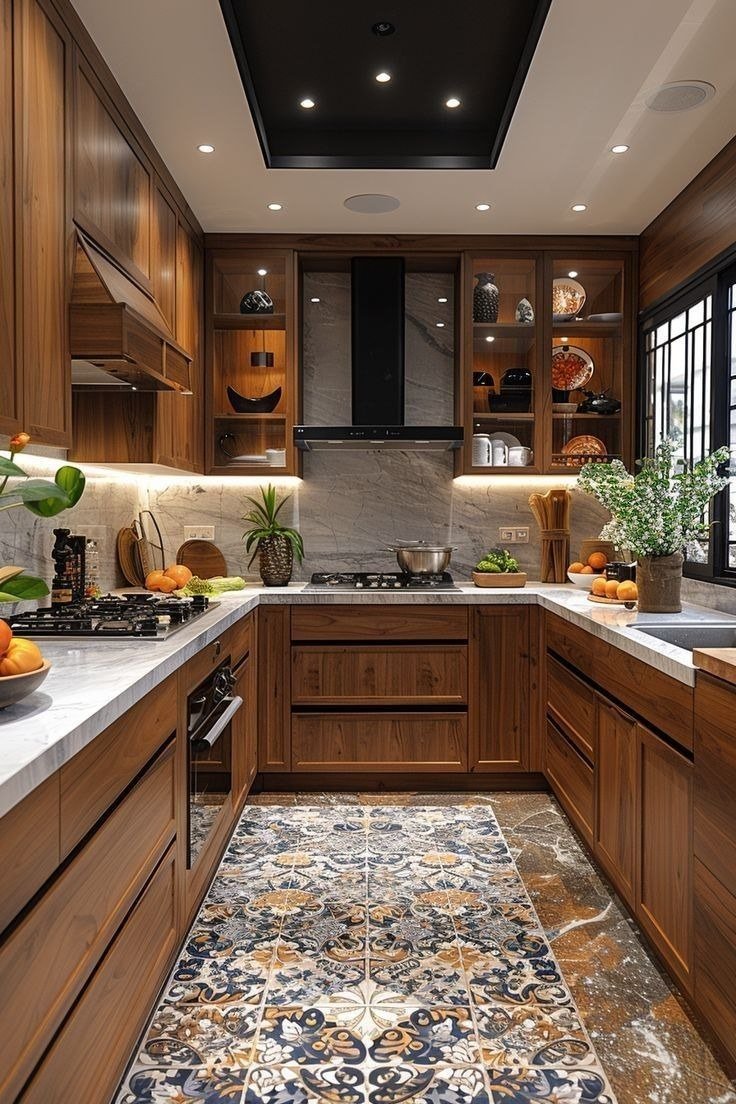 Kitchen — Walnut patterned floor black ceiling — Maitri Interior Studio project photo