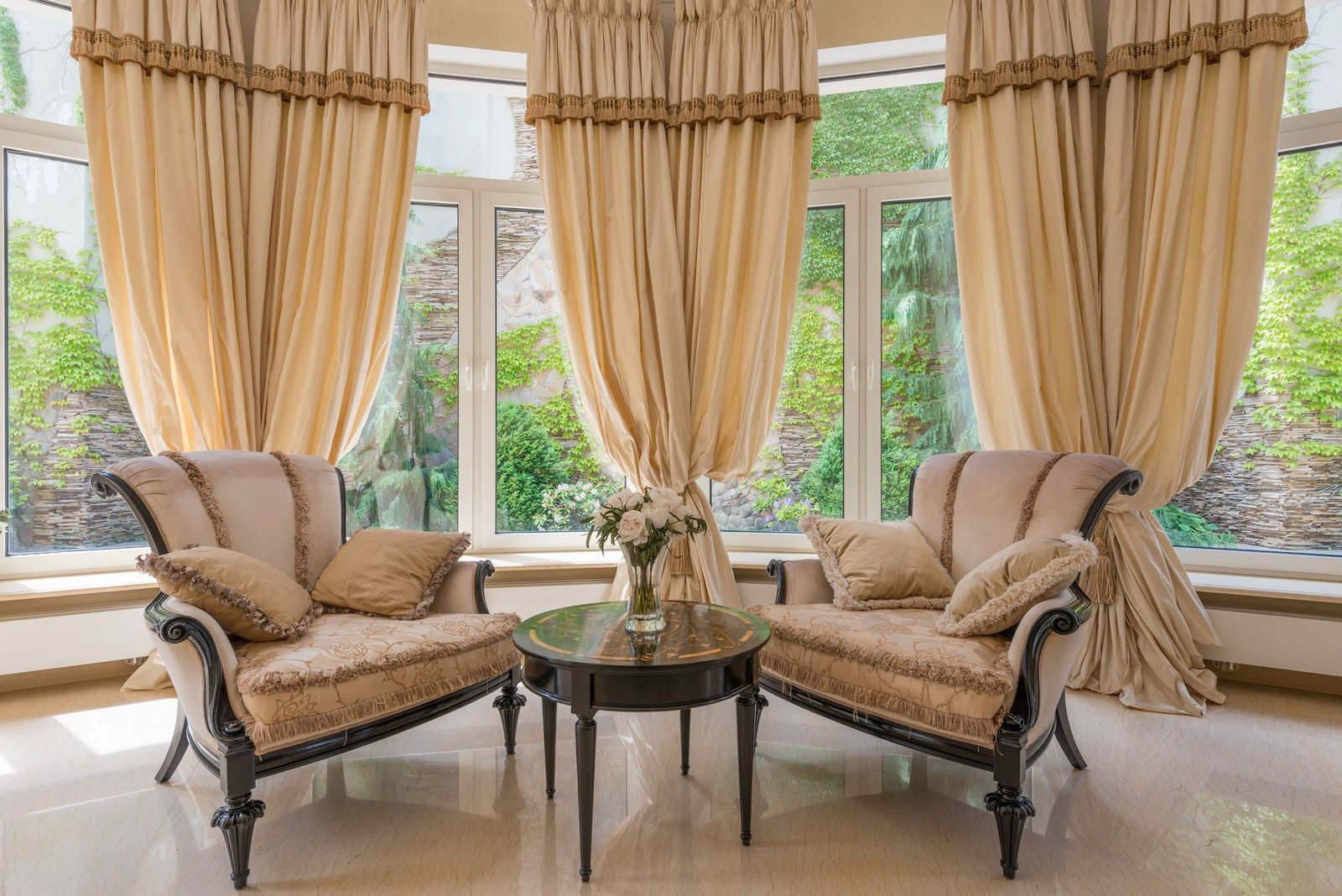 Living — Cream armchairs silk curtains — Maitri Interior Studio project photo