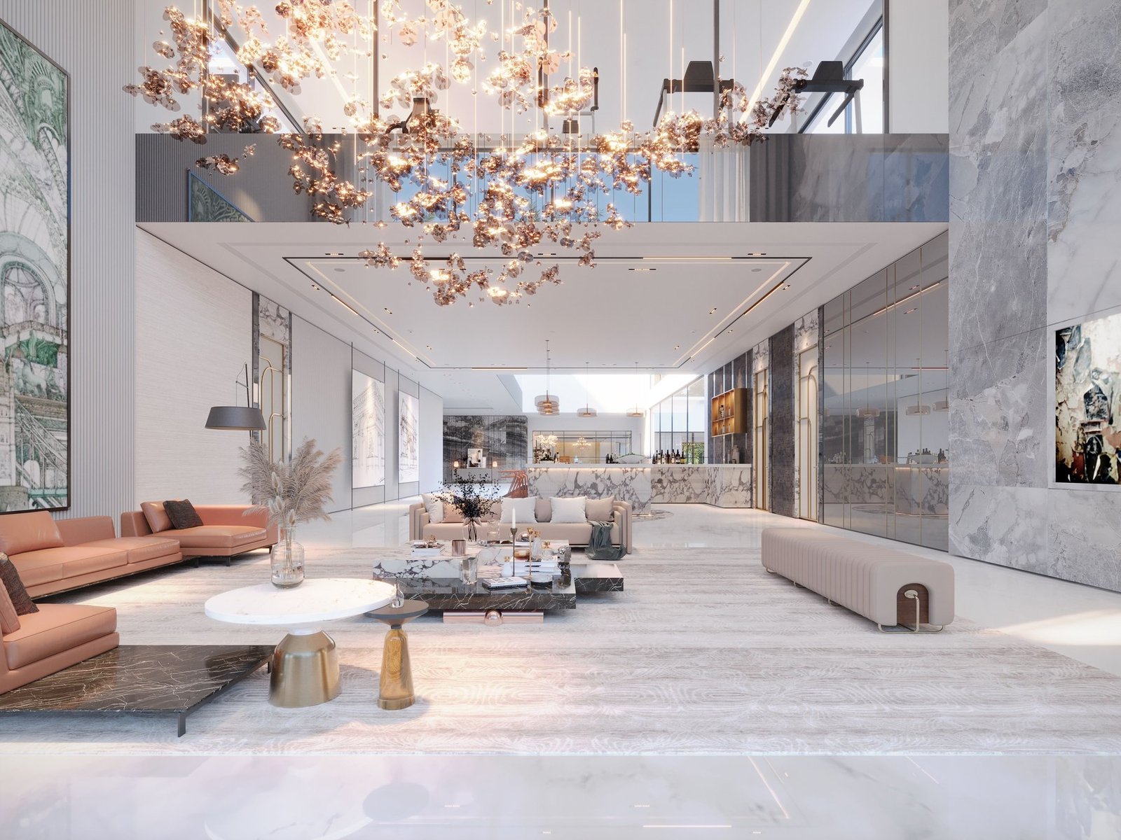 Living — Grand lounge marble chandelier — Maitri Interior Studio project photo