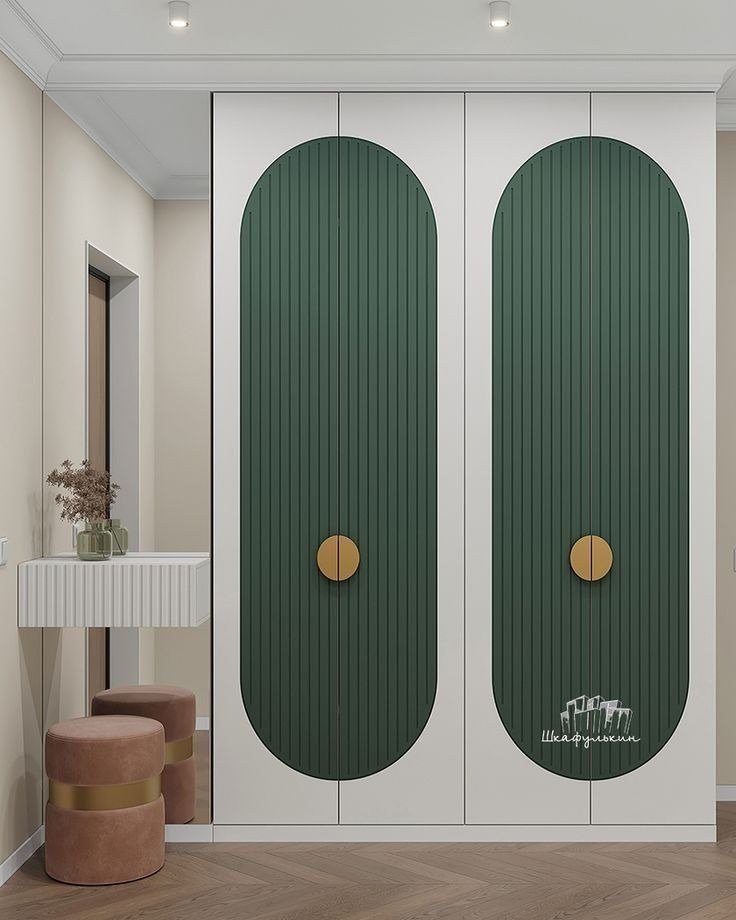 Wardrobe & Storage — Green ribbed arch brass handles — Maitri Interior Studio project photo